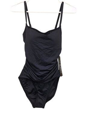 NWT La Blanca One Piece Swimsuit Island Goddess Ruched Classic Black Sz 2 Chic